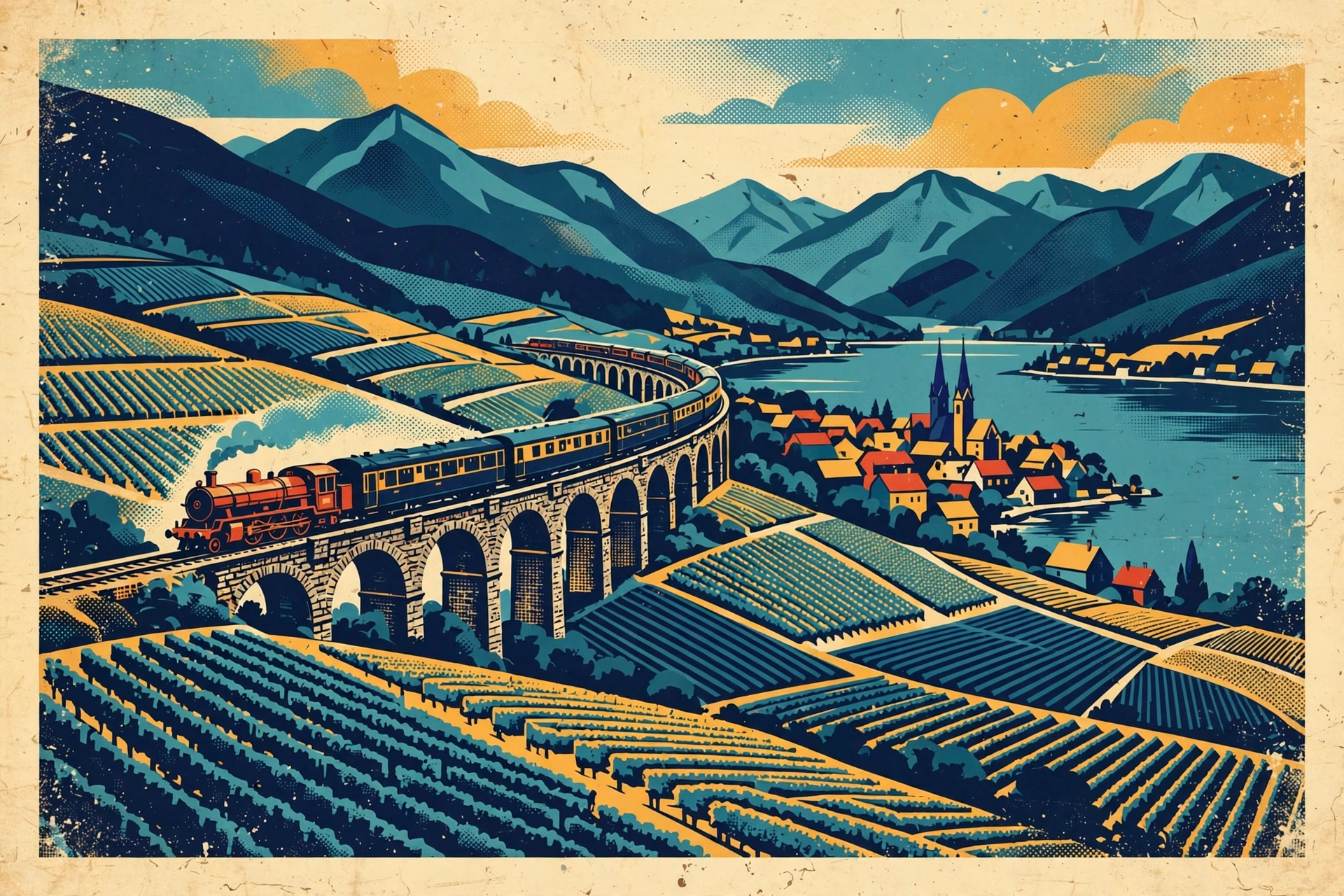 A train crossing a viaduct through vineyards toward a lakeside village, in retro travel-poster style