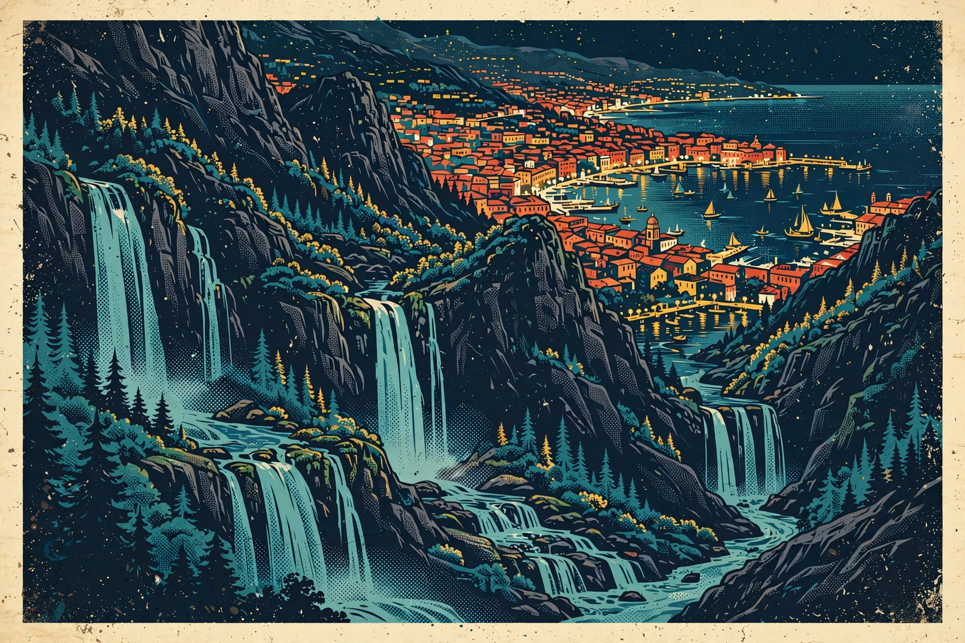 Waterfalls and mountains leading to a historic coastal city, in retro travel-poster style