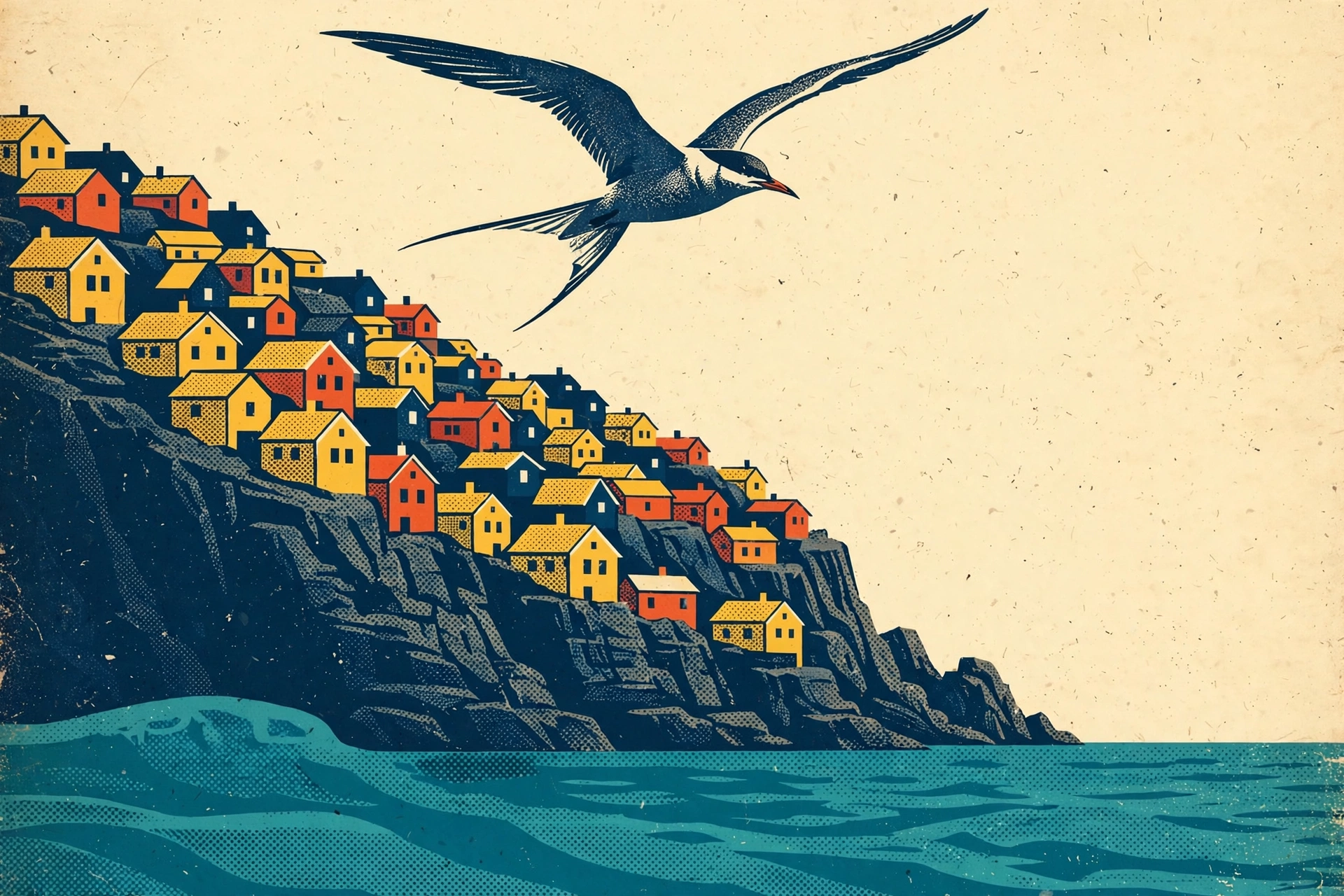 An arctic tern soaring over a colorful cliffside coastal village, in retro travel-poster style