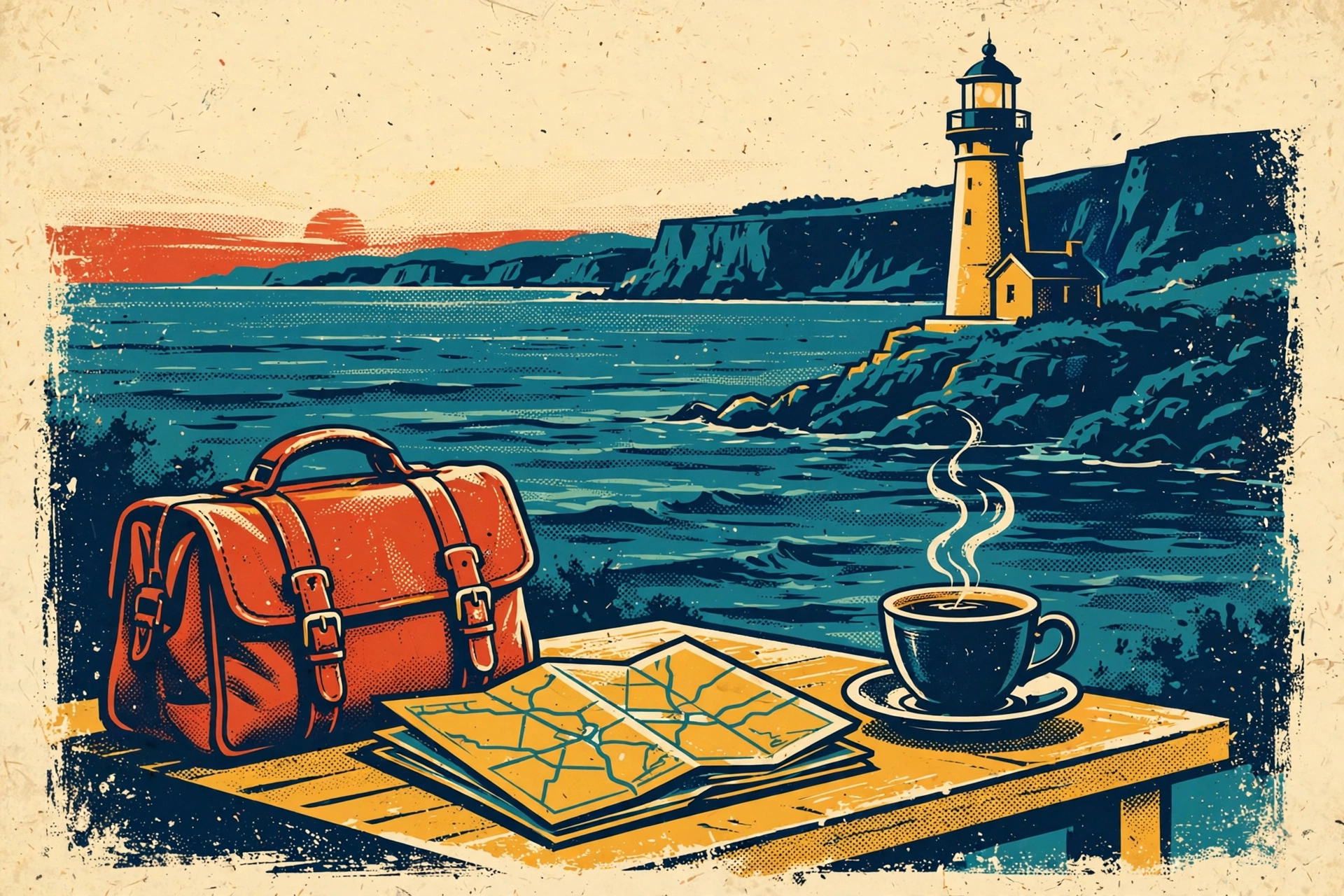 Travel bag, map and coffee on a café table by the sea, in retro travel-poster style